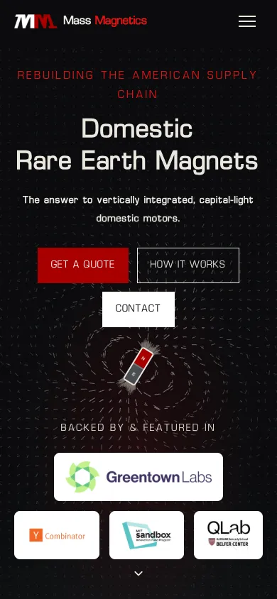 Mass Magnetics mobile homepage design evidence. Visible section: Domestic Rare Earth Magnets