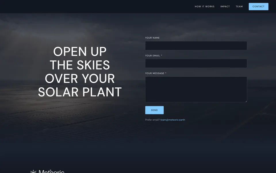 Meteoric closing homepage design evidence. Visible section: Open up the skies over your solar plant