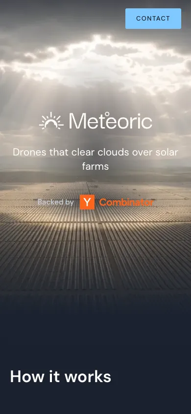 Meteoric mobile homepage design evidence. Visible section: Drones that clear clouds over solar farms · How it works