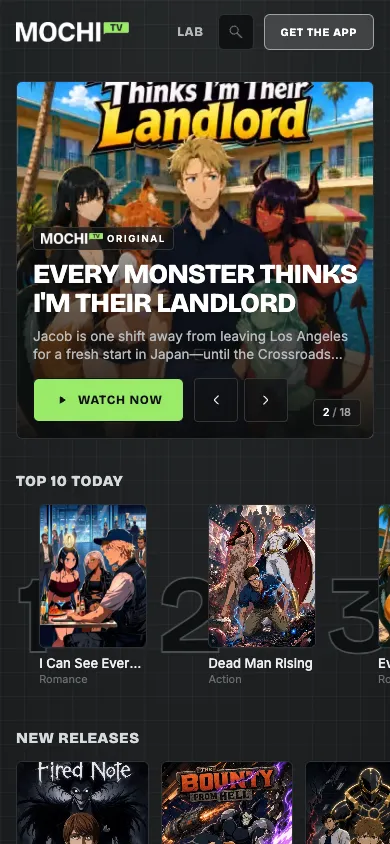MOCHI.TV mobile homepage design evidence. Mobile viewport evidence; animated text state captured.