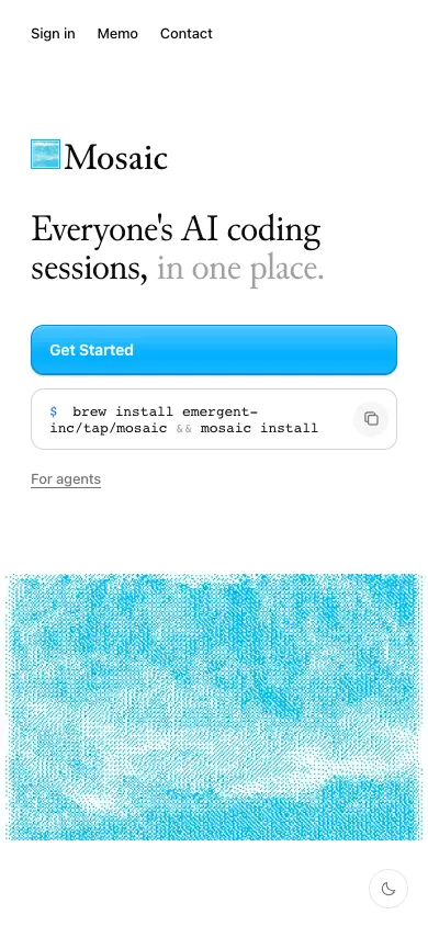 Mosaic mobile homepage design evidence. Mobile viewport evidence; animated text state captured.