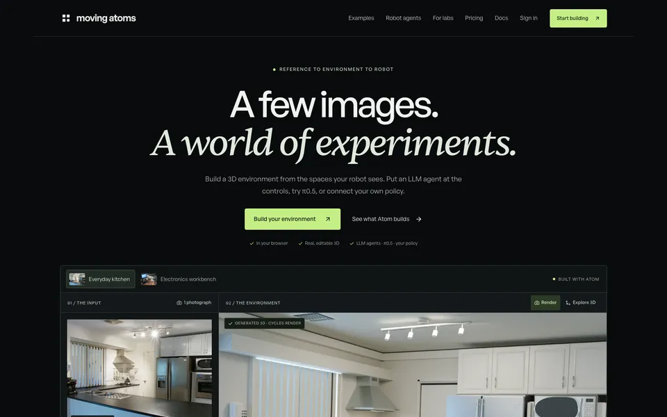 Moving Atoms hero homepage design evidence. Visible section: A few images. A world of experiments.