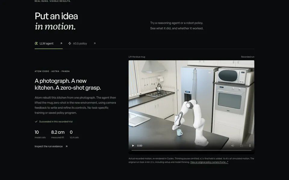 Moving Atoms mid-page homepage design evidence. Visible section: Put an idea in motion. · A photograph. A new kitchen. A zero-shot grasp.