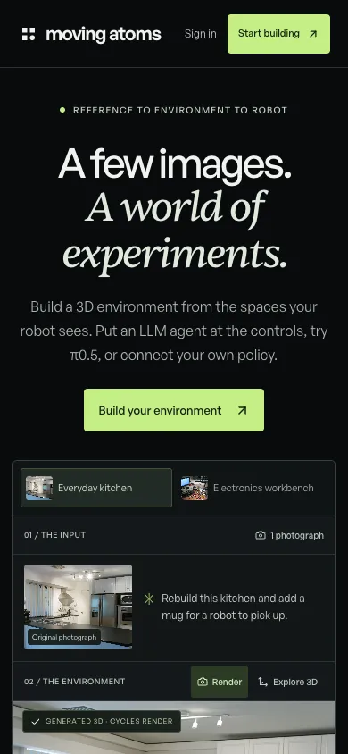 Moving Atoms mobile homepage design evidence. Visible section: A few images. A world of experiments.