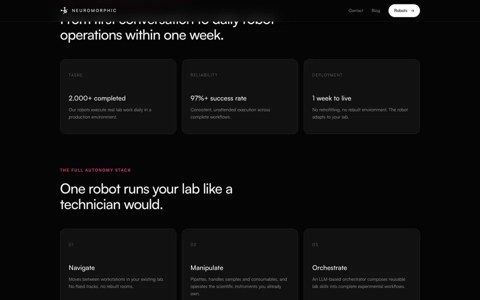 Neuromorphic mid-page homepage design evidence. Visible section: From first conversation to daily robot operations within one week. · 2,000+ completed
