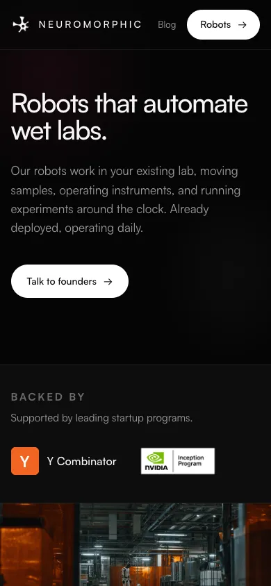 Neuromorphic mobile homepage design evidence. Visible section: Robots that automate wet labs.