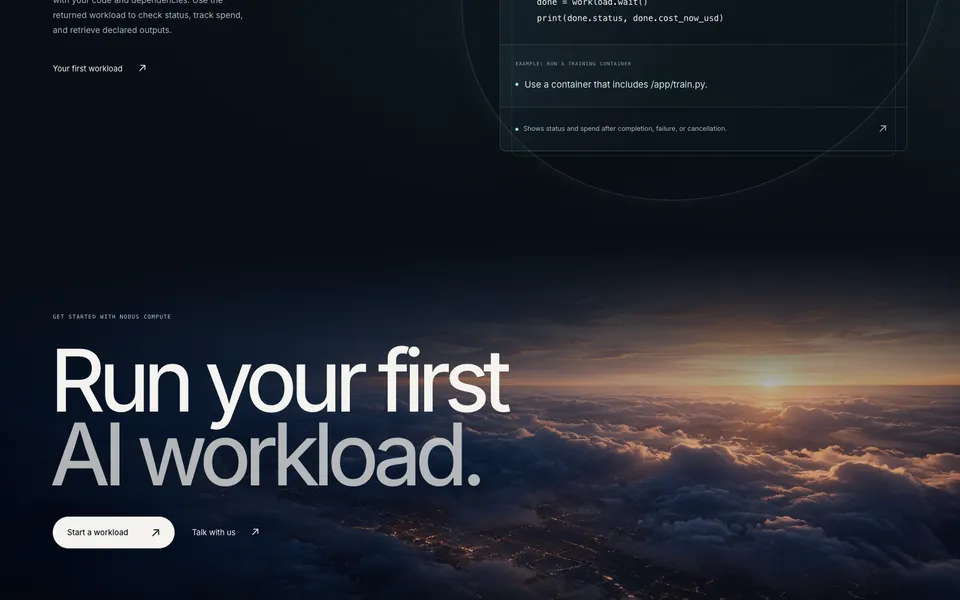 Nodus Compute closing homepage design evidence. Visible section: Run your first AI workload.