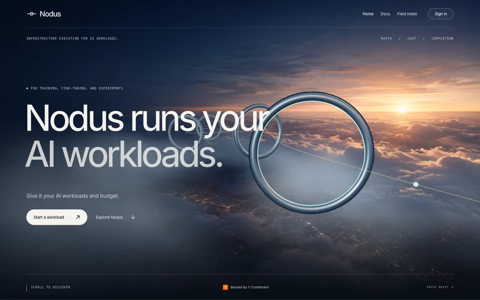 Nodus Compute hero homepage design evidence. Visible section: Nodus runs your AI workloads.
