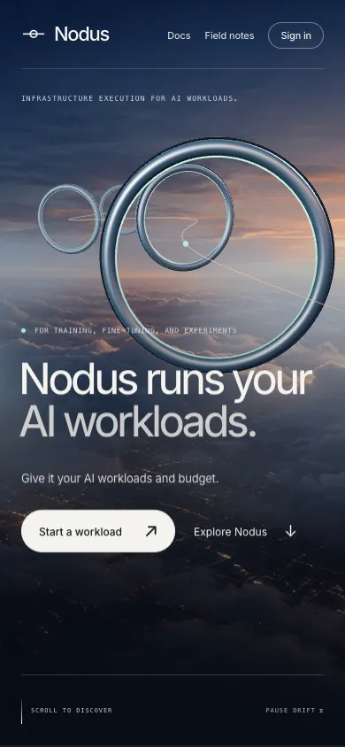 Nodus Compute mobile homepage design evidence. Visible section: Nodus runs your AI workloads.