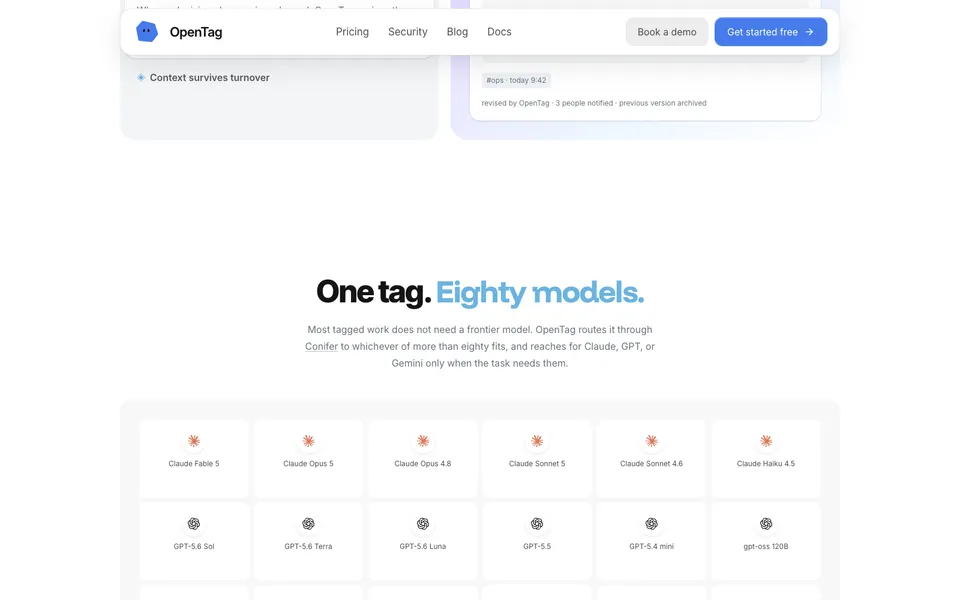 OpenTag mid-page homepage design evidence. Visible section: One tag. Eighty models.