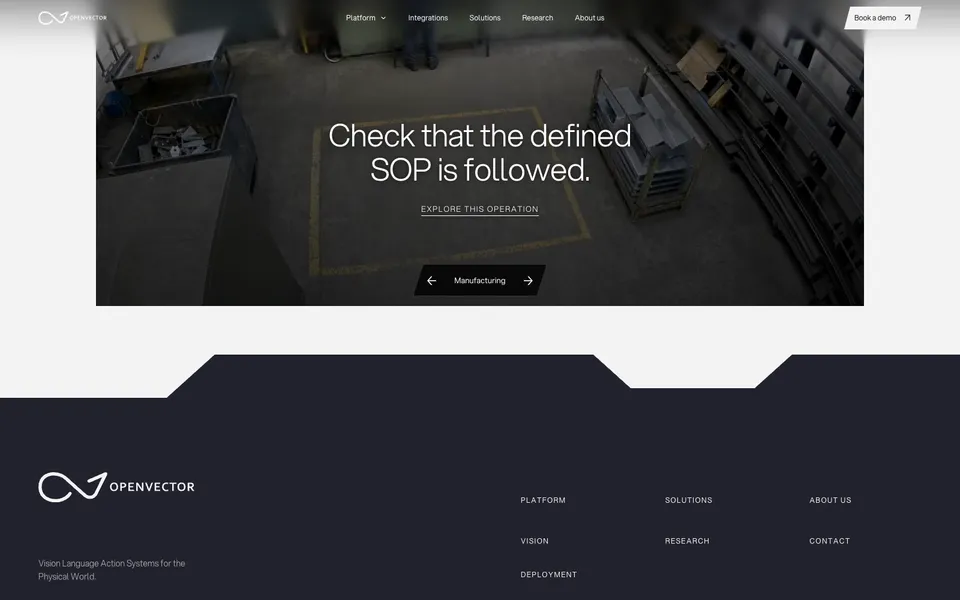 OpenVector closing homepage design evidence. Closing viewport evidence; animated text state captured.
