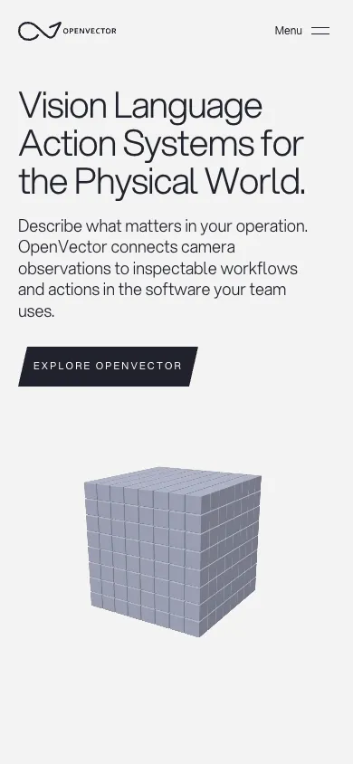 OpenVector mobile homepage design evidence. Mobile viewport evidence; animated text state captured.
