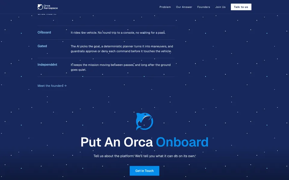 Orca Aerospace closing homepage design evidence. Visible section: Put An Orca Onboard