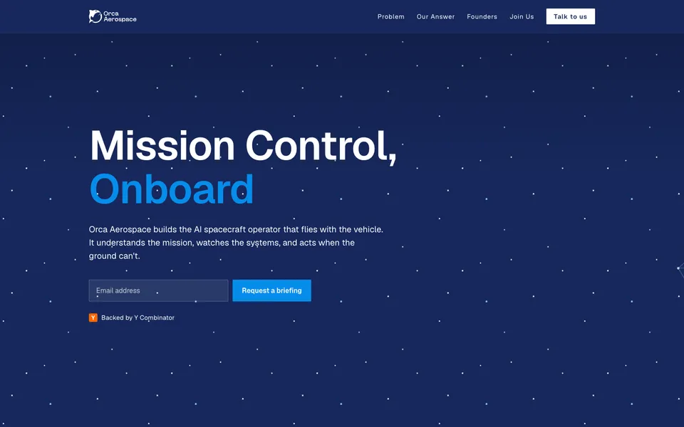 Orca Aerospace hero homepage design evidence. Visible section: Mission Control, Onboard