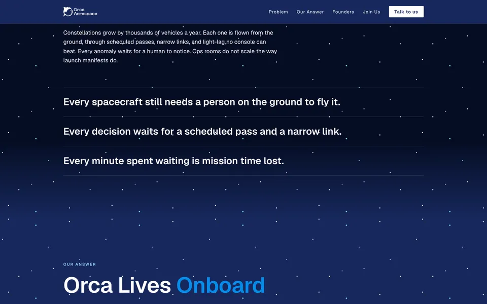 Orca Aerospace mid-page homepage design evidence. Visible section: Orca Lives Onboard