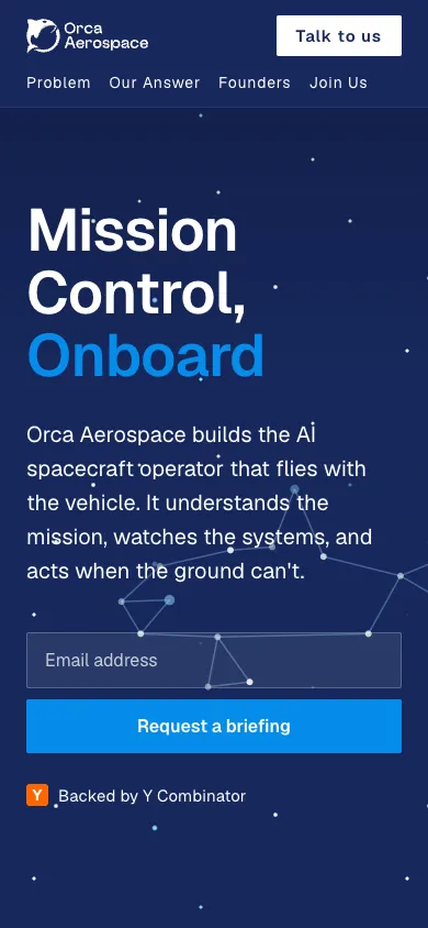 Orca Aerospace mobile homepage design evidence. Visible section: Mission Control, Onboard