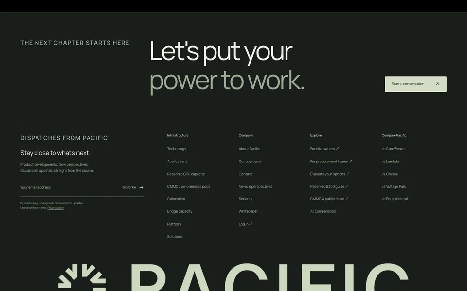 Pacific closing homepage design evidence. Closing viewport evidence; animated text state captured.