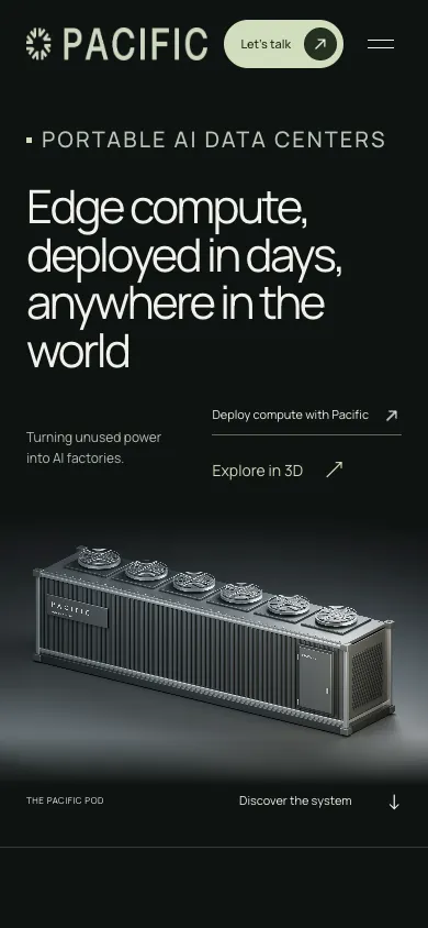 Pacific mobile homepage design evidence. Mobile viewport evidence; animated text state captured.