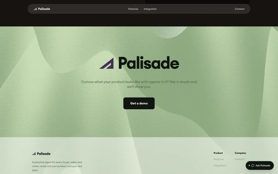 Palisade closing homepage design evidence. Closing viewport evidence; animated text state captured.
