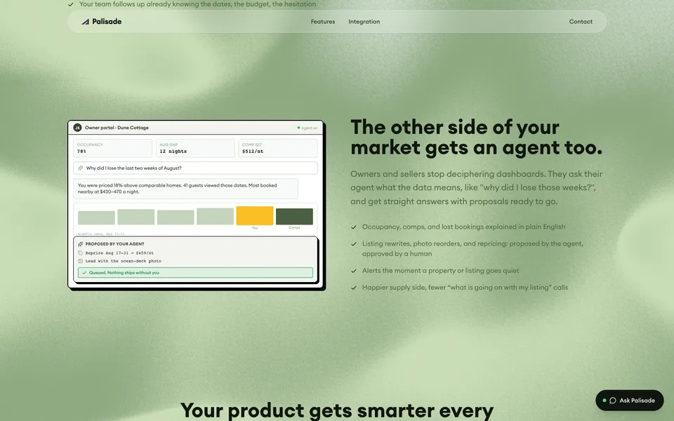 Palisade mid-page homepage design evidence. Mid-page viewport evidence; animated text state captured.