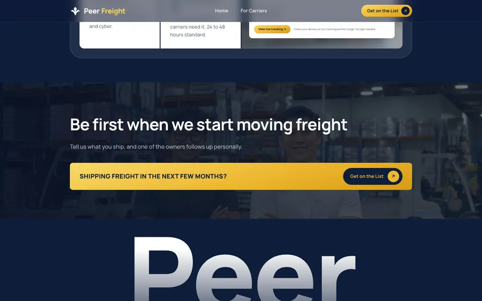 Peer closing homepage design evidence. Visible section: Same-day carrier pay · Be first when we start moving freight