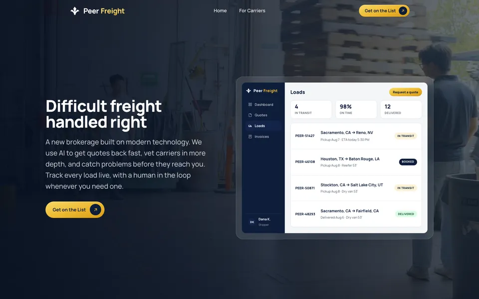 Peer hero homepage design evidence. Visible section: Difficult freight handled right
