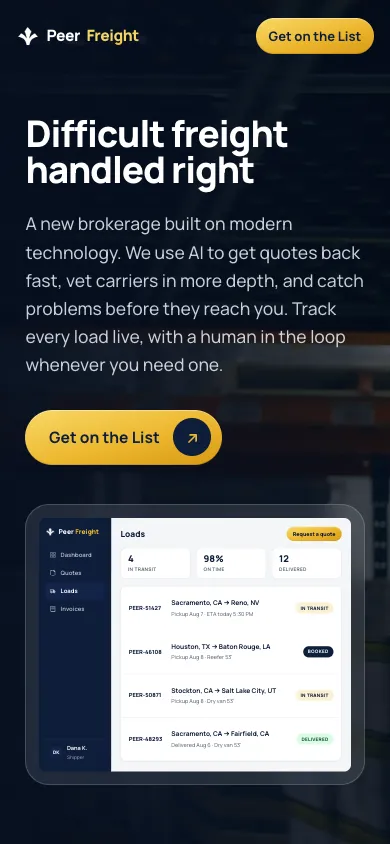 Peer mobile homepage design evidence. Visible section: Difficult freight handled right