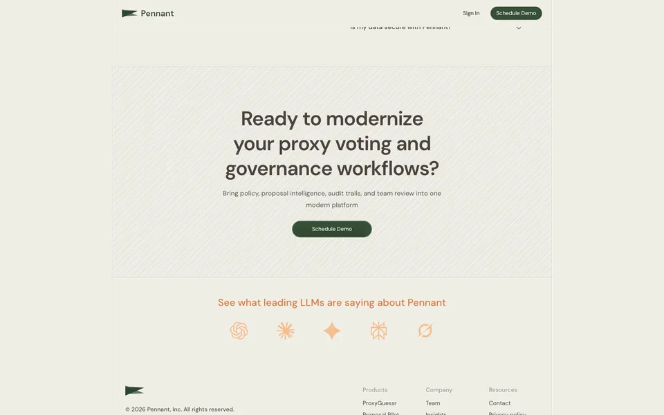 Pennant closing homepage design evidence. Closing viewport evidence; animated text state captured.