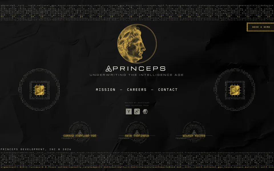 PRINCEPS hero homepage design evidence. Hero viewport evidence; animated text state captured.