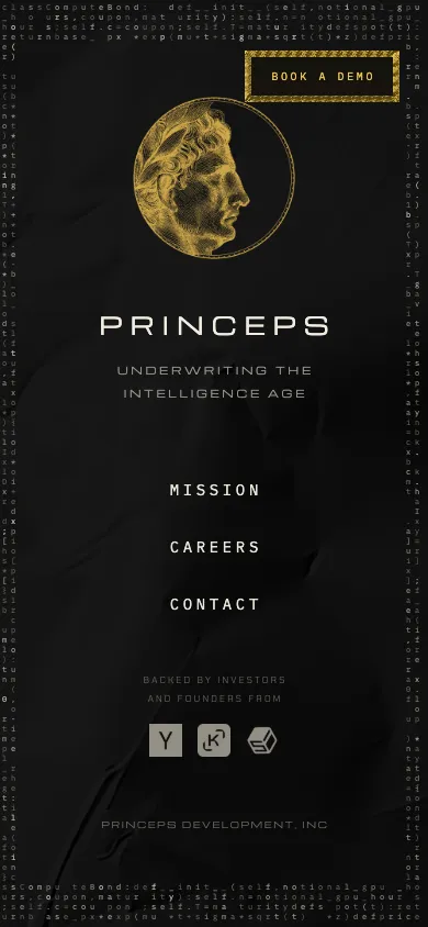 PRINCEPS mobile homepage design evidence. Mobile viewport evidence; animated text state captured.
