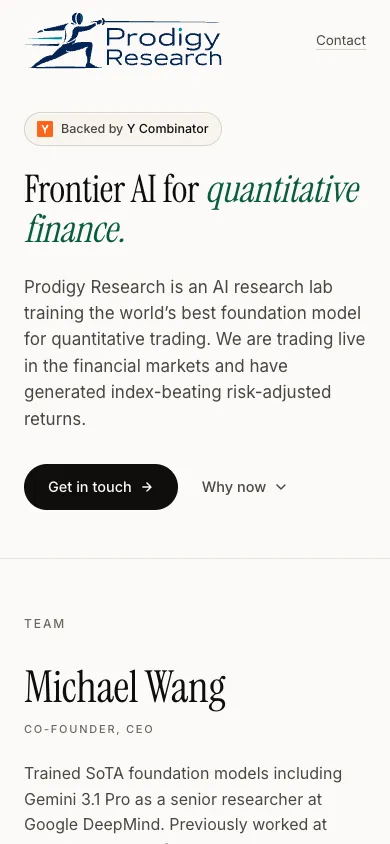 Prodigy Research mobile homepage design evidence. Visible section: Frontier AI for quantitative finance. · Michael Wang