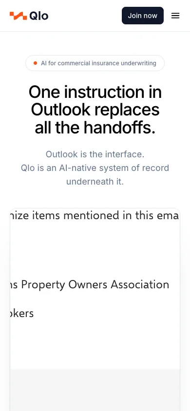 Qlo mobile homepage design evidence. Mobile viewport evidence; animated text state captured.