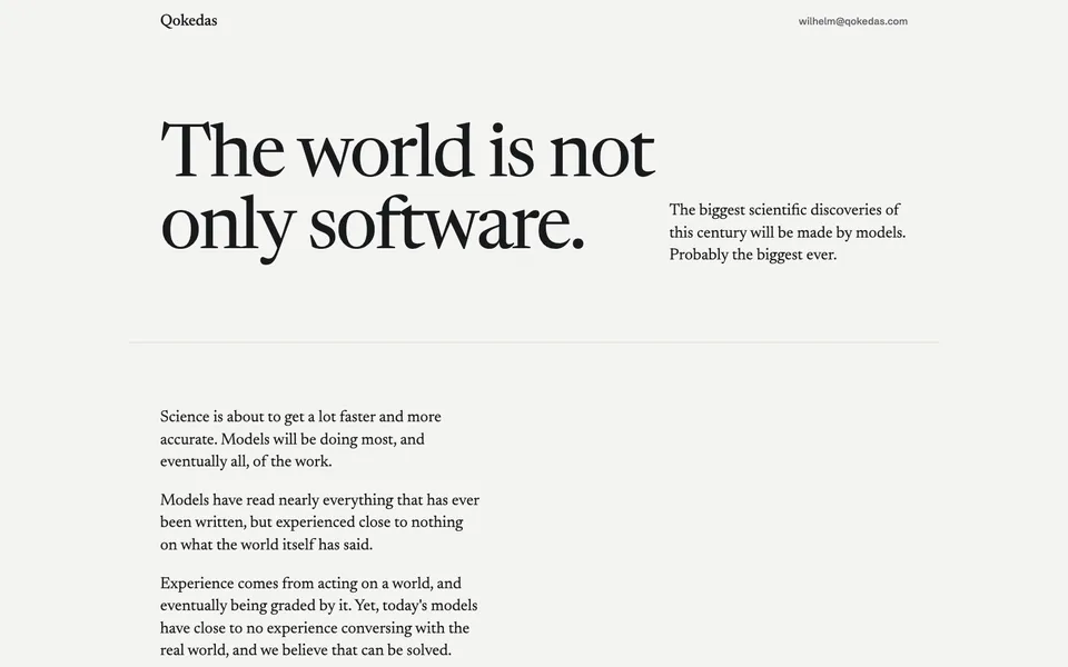 Qokedas hero homepage design evidence. Visible section: The world is not only software.
