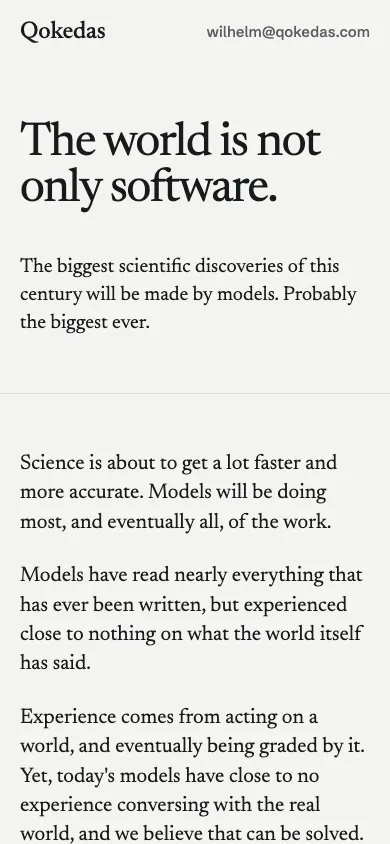 Qokedas mobile homepage design evidence. Visible section: The world is not only software.