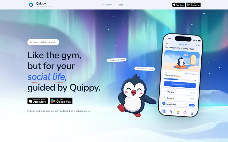 Quippy hero homepage design evidence. Visible section: Like the gym, but for your social life, guided by Quippy.