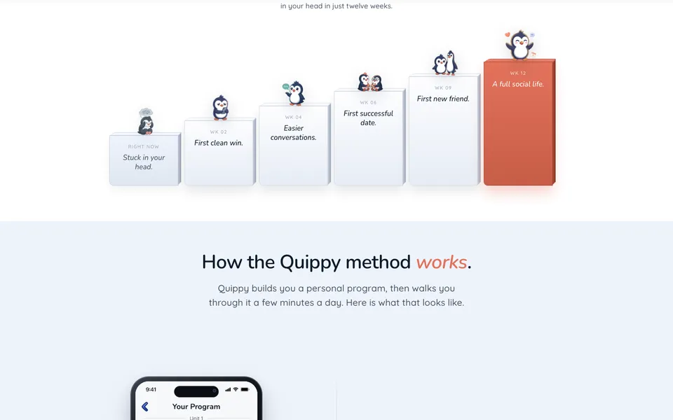 Quippy mid-page homepage design evidence. Mid-page viewport evidence; animated text state captured.