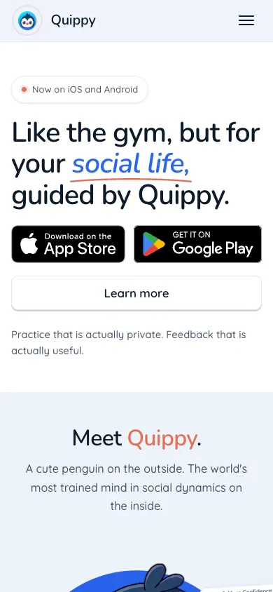 Quippy mobile homepage design evidence. Mobile viewport evidence; animated text state captured.