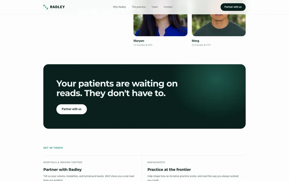 Radley closing homepage design evidence. Visible section: Partner with Radley · Practice at the frontier