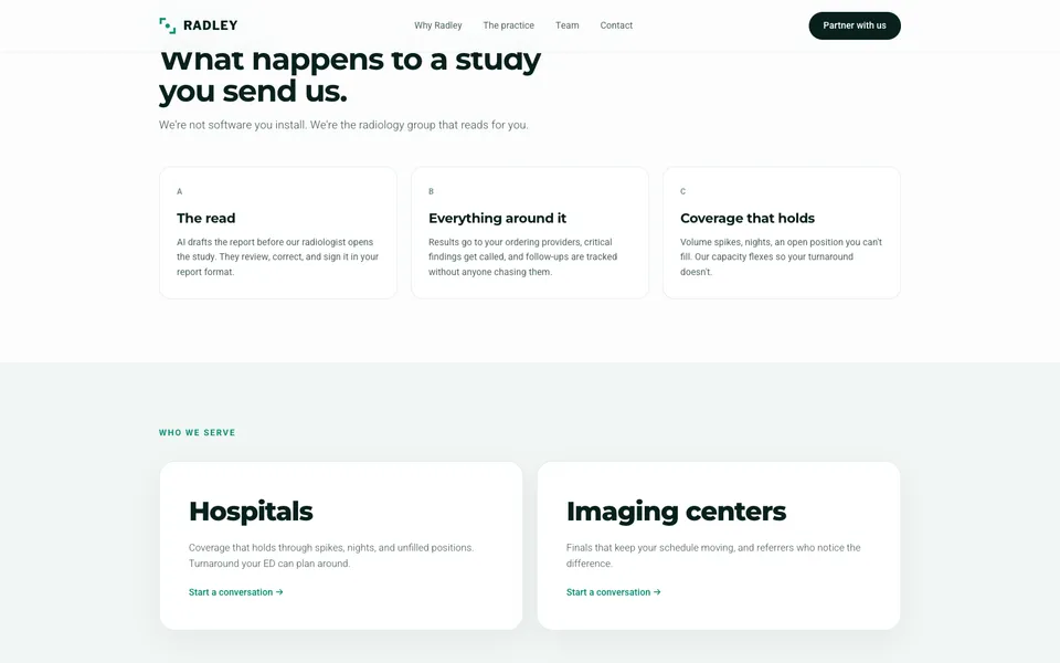 Radley mid-page homepage design evidence. Visible section: What happens to a study you send us. · The read