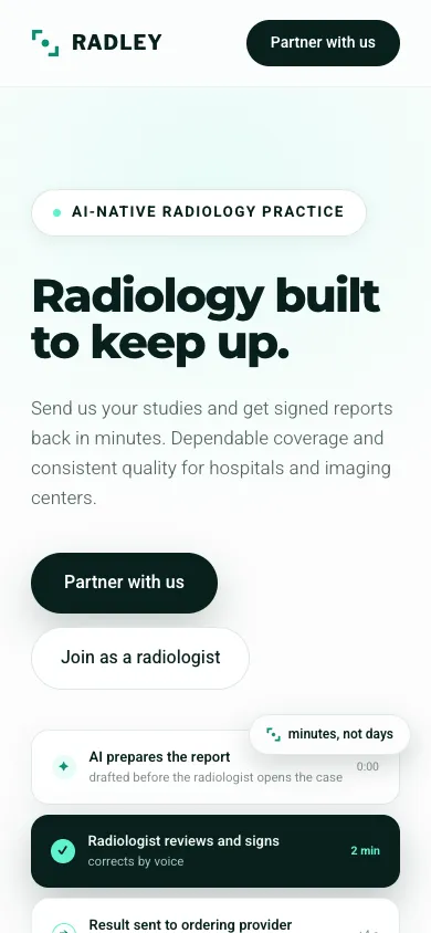 Radley mobile homepage design evidence. Visible section: Radiology built to keep up.