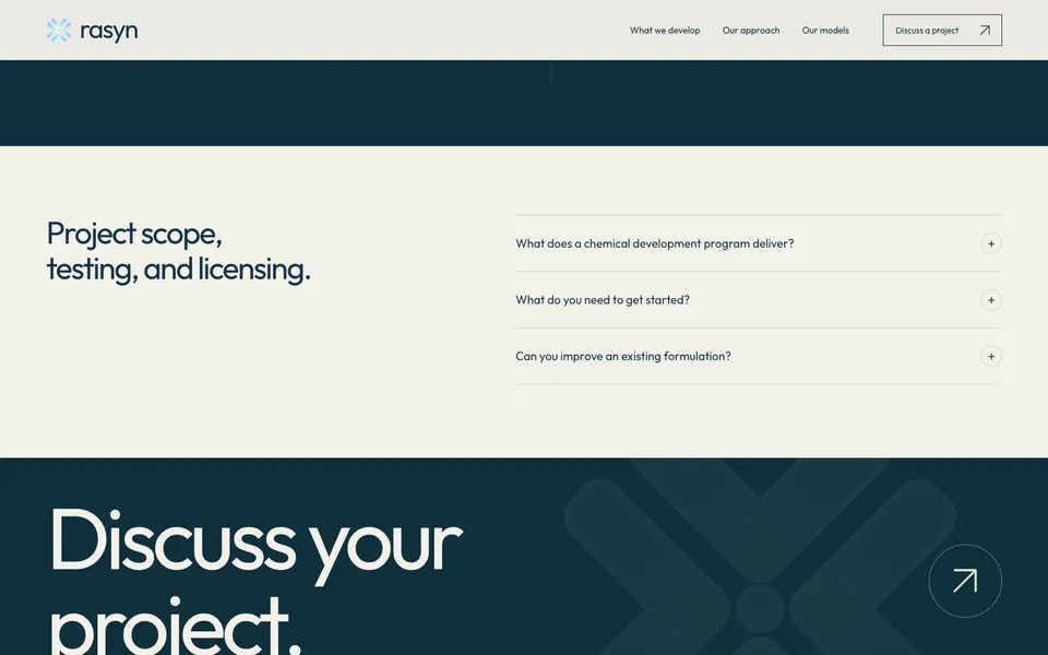Rasyn closing homepage design evidence. Visible section: Project scope, testing, and licensing. · Discuss your project.