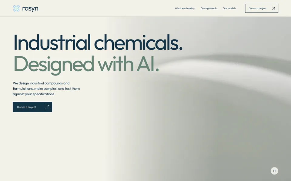 Rasyn hero homepage design evidence. Visible section: Industrial chemicals. Designed with AI.