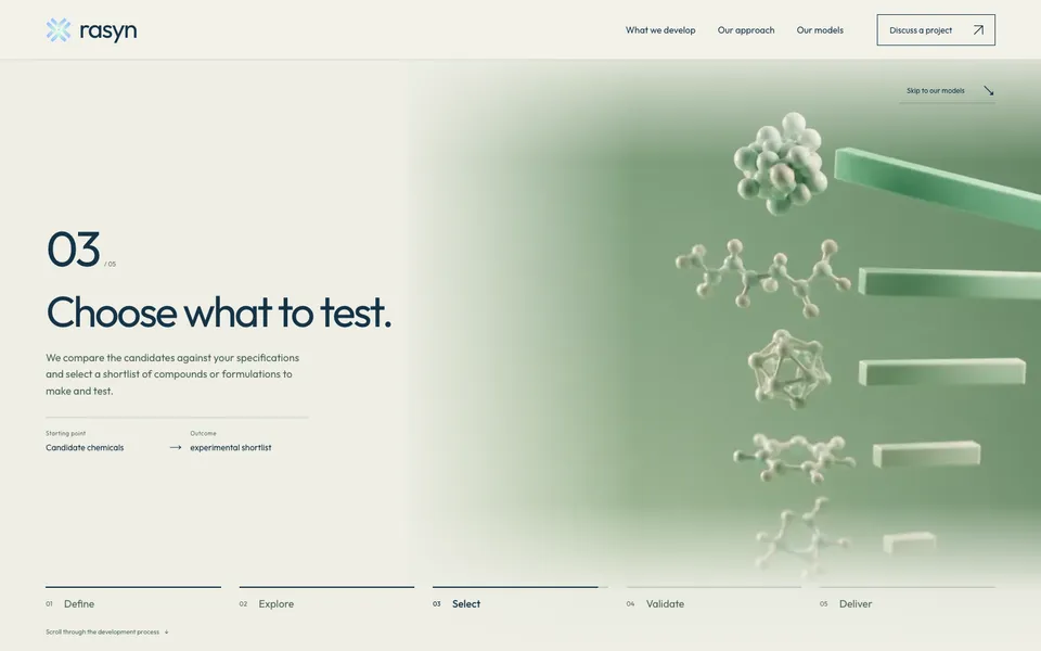 Rasyn mid-page homepage design evidence. Visible section: Choose what to test.
