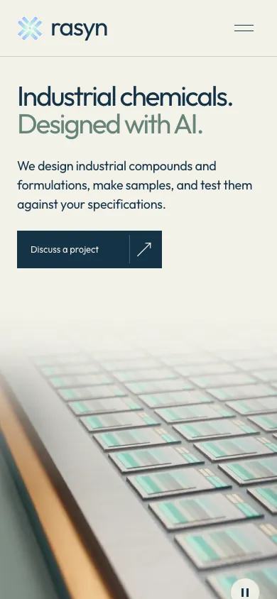 Rasyn mobile homepage design evidence. Visible section: Industrial chemicals. Designed with AI.
