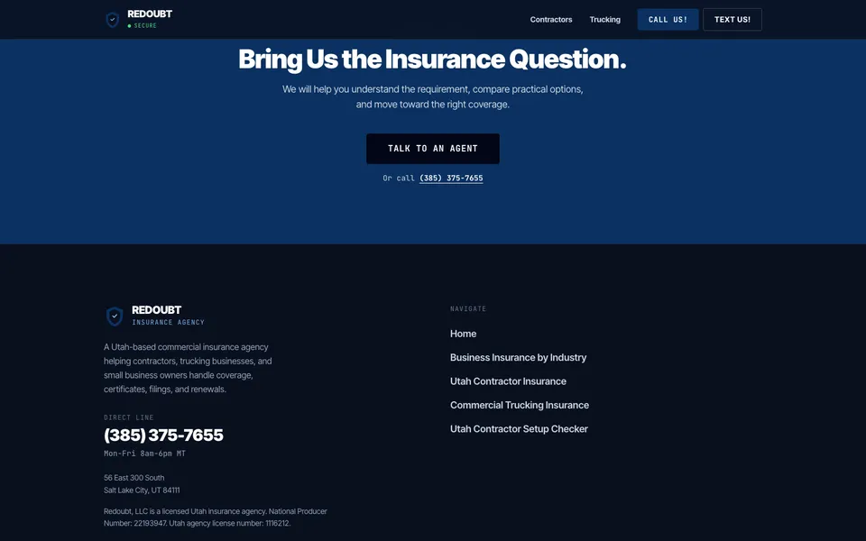 Redoubt Insurance closing homepage design evidence. Visible section: Bring Us the Insurance Question.