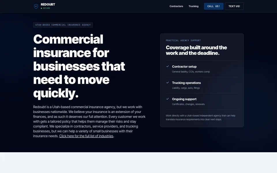 Redoubt Insurance hero homepage design evidence. Visible section: Commercial insurance for businesses that need to move quickly. · Coverage built around the work and the deadline.