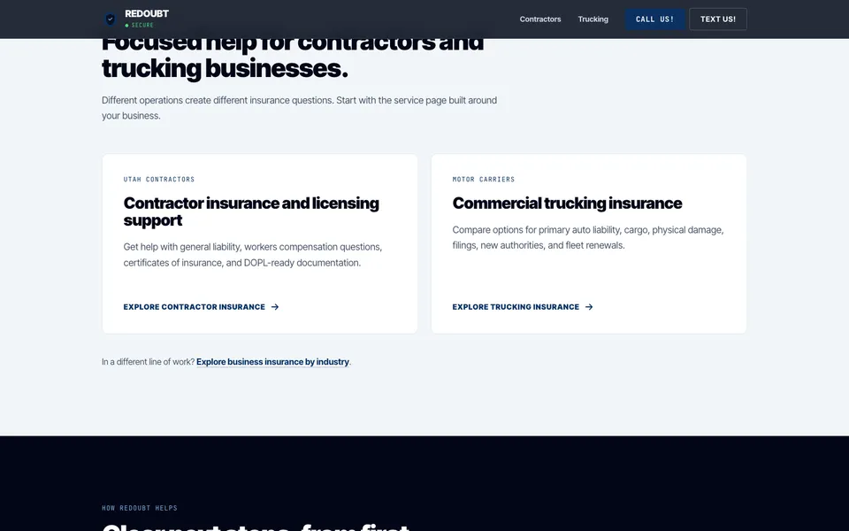 Redoubt Insurance mid-page homepage design evidence. Visible section: Focused help for contractors and trucking businesses. · Contractor insurance and licensing support