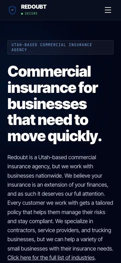Redoubt Insurance mobile homepage design evidence. Visible section: Commercial insurance for businesses that need to move quickly.