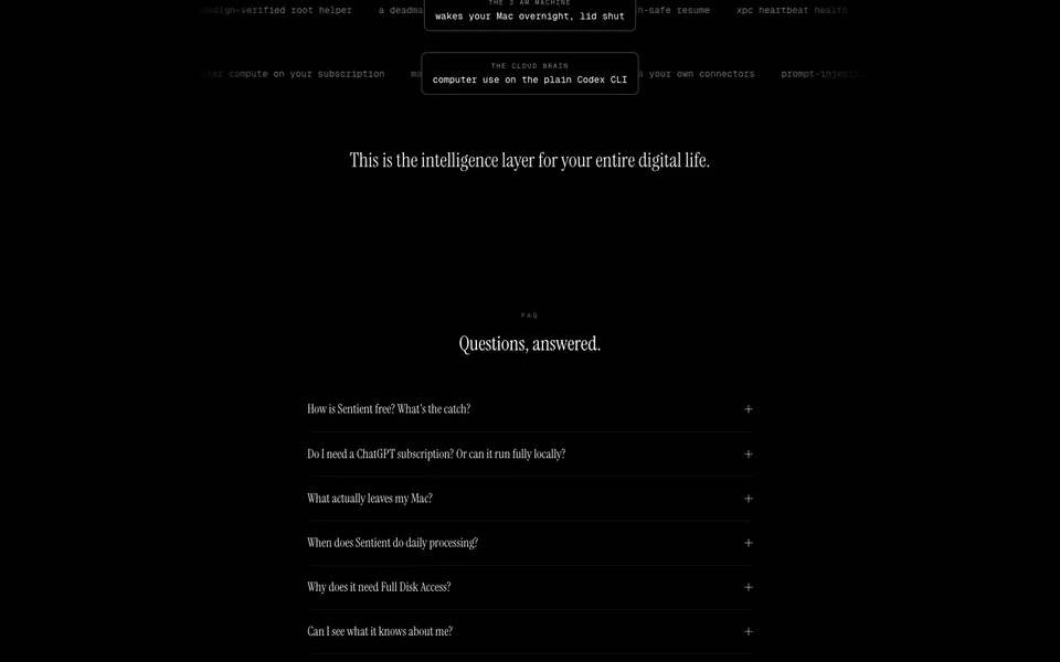 Sentient OS closing homepage design evidence. Closing viewport evidence; animated text state captured.