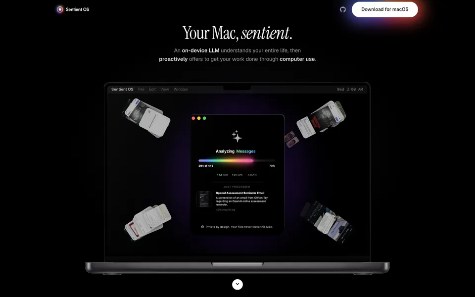 Sentient OS hero homepage design evidence. Hero viewport evidence; animated text state captured.